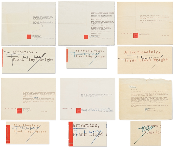 Frank Lloyd Wright Lot of Correspondence Regarding the Della Walker House in Carmel, one of Wright's Most Famous Houses -- Includes 5 Letters Signed by Wright, 3 Telegrams & Dozens of Letters