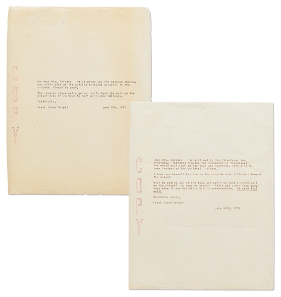 Frank Lloyd Wright Lot of Correspondence Regarding the Della Walker House in Carmel, one of Wright's Most Famous Houses -- Includes 5 Letters Signed by Wright, 3 Telegrams & Dozens of Letters
