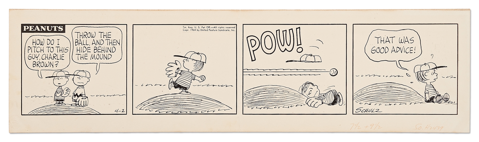 Charles Schulz Hand-Drawn ''Peanuts'' Comic Strip from 1964 -- Featuring Baseball Content with Charlie Brown & Linus