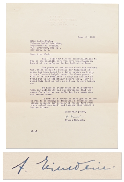 Albert Einstein Letter Signed During WWII -- ''The power of resistance which has enabled the Jewish people to survive...our readiness to help one another is being put to an especially severe test''