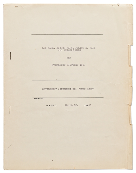 Marx Brothers Contract Signed by All Four Brothers for Their Most Famous Film, ''Duck Soup''