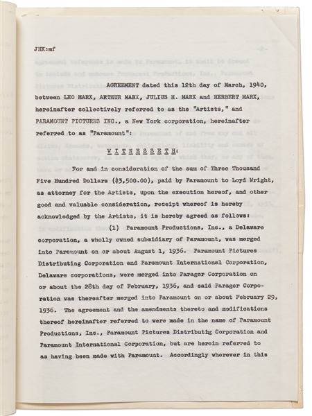 Marx Brothers Contract Signed by All Four Brothers for Their Most Famous Film, ''Duck Soup''