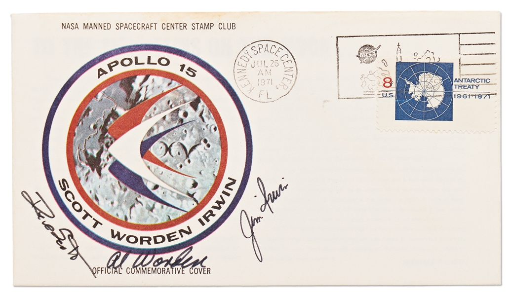 Apollo 15 Crew-Signed NASA Insurance Cover -- From Al Worden's Personal Collection, and Also With His Signed COA