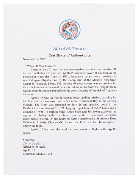 Apollo 15 Crew-Signed NASA Insurance Cover -- From Al Worden's Personal Collection, and Also With His Signed COA