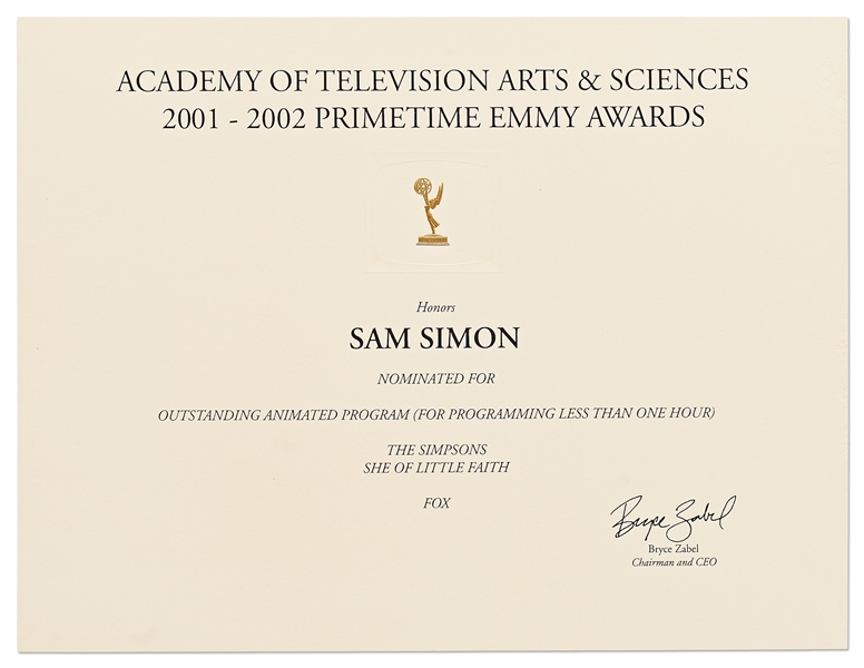 Emmy Nomination for ''The Simpsons'' Given to Sam Simon in 2002 for Episode ''She of Little Faith'' -- From the Sam Simon Estate