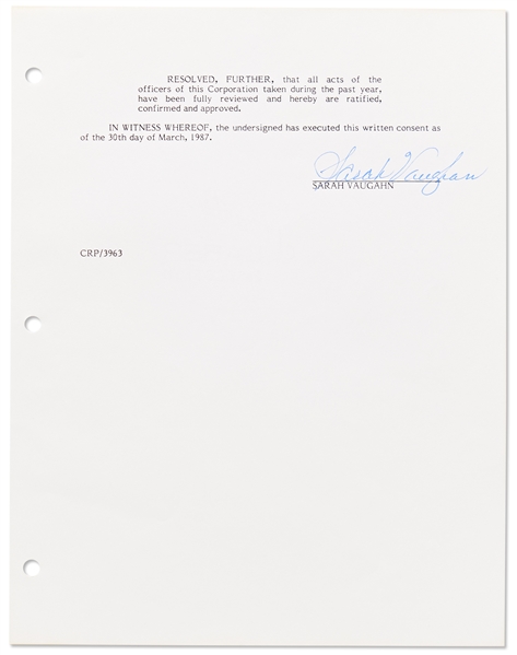 Jazz Singer Sarah Vaughan Lot of 5 Documents Signed Related to Her Corporation De Vine One