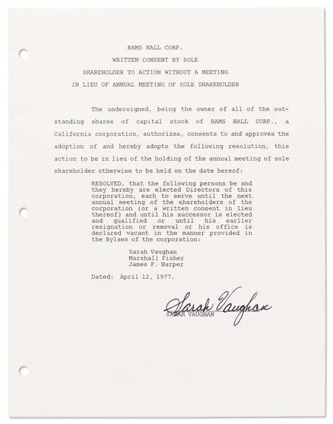 Jazz Singer Sarah Vaughan Lot of 5 Documents Signed Related to Her Corporation De Vine One