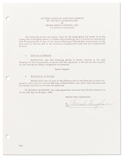 Jazz Singer Sarah Vaughan Lot of 5 Documents Signed Related to Her Corporation De Vine One
