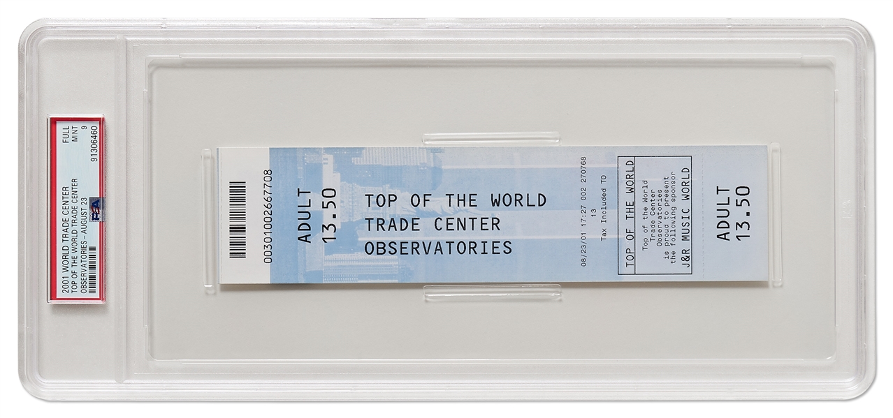 World Trade Center Ticket from 23 August 2001, Only 3 Weeks Before the 9/11 Attacks -- Graded Mint 9 by PSA/DNA