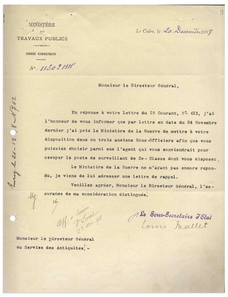 Victor Loret Letter Signed from 1898 as Director of the Egyptian Antiquities Service