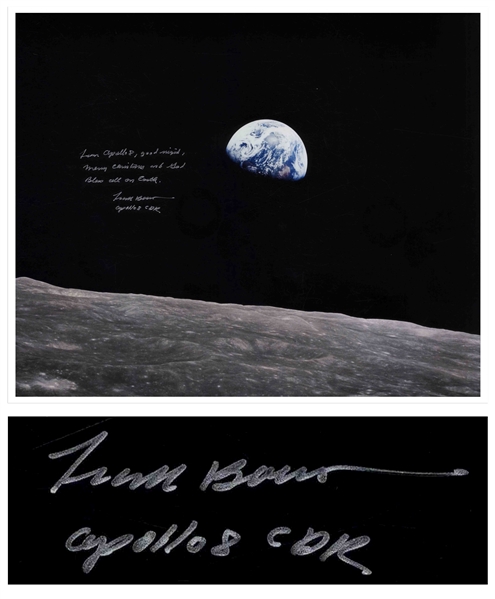 Frank Borman Signed 20'' x 16'' ''Earthrise'' Photo -- ''...Good night, Merry Christmas and God Bless all on Earth...''