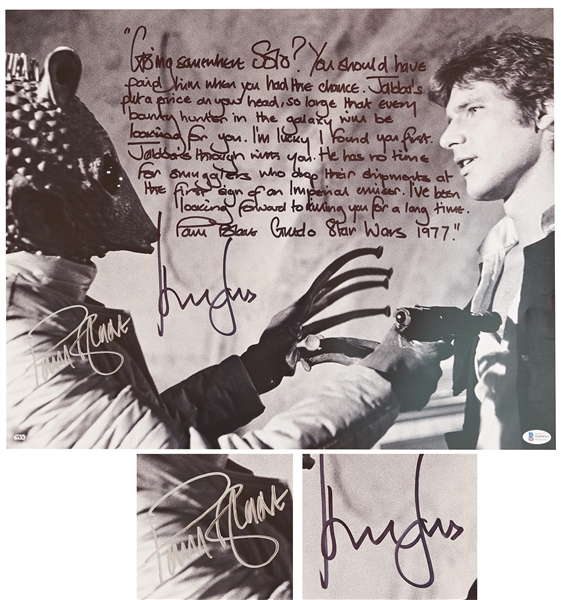 Harrison Ford & Paul Blake Signed 20'' x 16'' Photo From ''Star Wars'' -- One of the Most Memorable Scenes From the Film, With Blake Writing His Famous Monologue