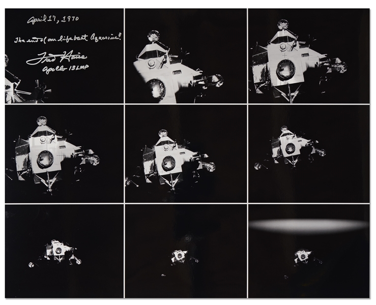 Fred Haise Signed 20'' x 16'' Photo of Apollo 13's LM -- ''The end of our lifeboat Aquarius!''