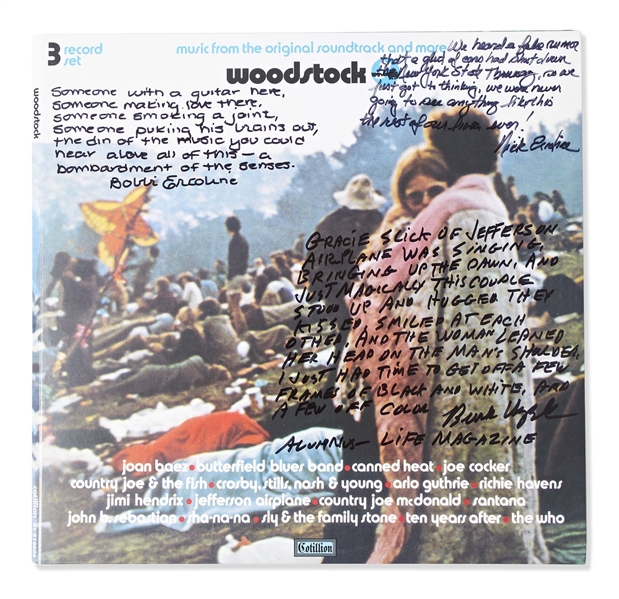 Woodstock Album Signed by Photographer Burk Uzzle & the Iconic Couple -- ''...Someone with a guitar here, someone making love there, someone smoking a joint...a bombardment of the senses...''