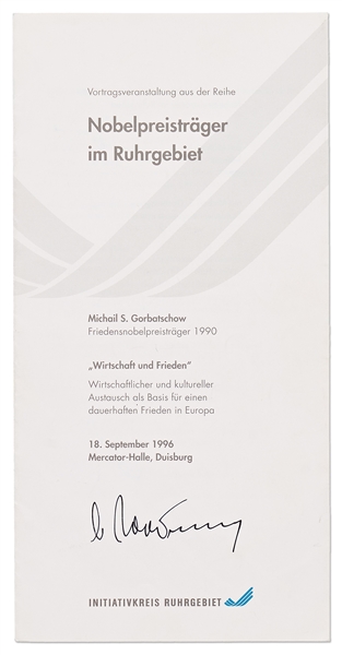Mikhail Gorbachev Signed Brochure Regarding His Nobel Peace Prize Award -- With PSA/DNA COA