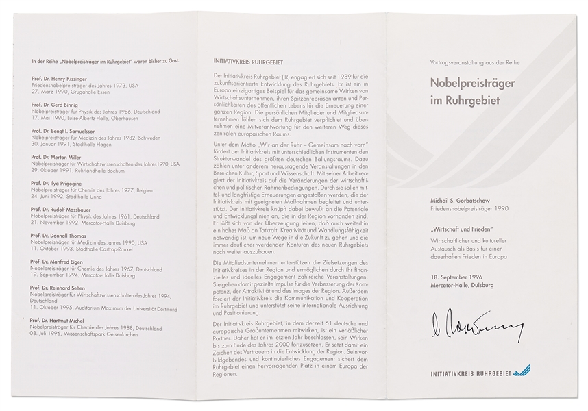 Mikhail Gorbachev Signed Brochure Regarding His Nobel Peace Prize Award -- With PSA/DNA COA