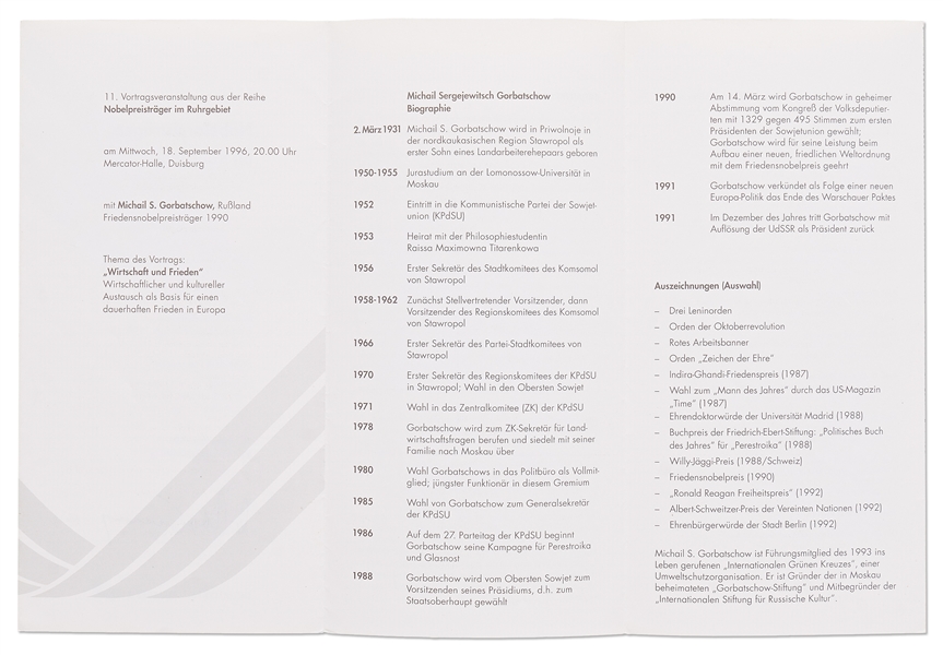 Mikhail Gorbachev Signed Brochure Regarding His Nobel Peace Prize Award -- With PSA/DNA COA