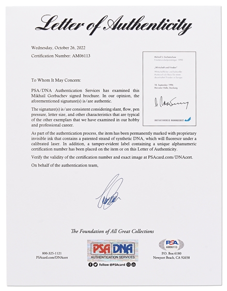 Mikhail Gorbachev Signed Brochure Regarding His Nobel Peace Prize Award -- With PSA/DNA COA