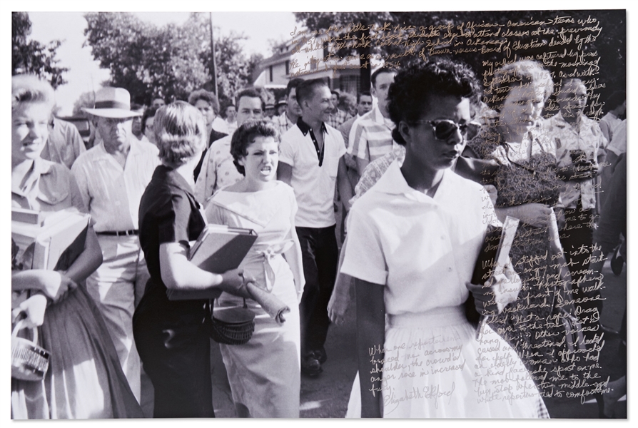 Elizabeth Eckford Handwritten Signed 20'' x 13.25'' Photo Essay From Her First Day of School as Part of the ''Little Rock Nine'' -- ''...Someone yelled 'Get a rope. Drag her over to the tree!'...''