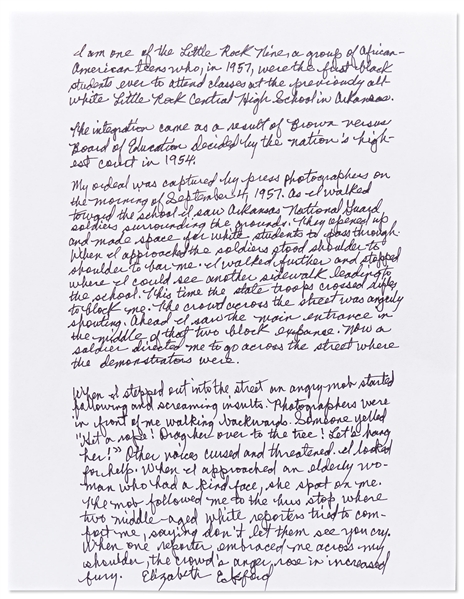 Elizabeth Eckford Autograph Essay Signed Regarding Her First Day of School as Part of the ''Little Rock Nine'' When She Was Surrounded and Harassed by the White Mob