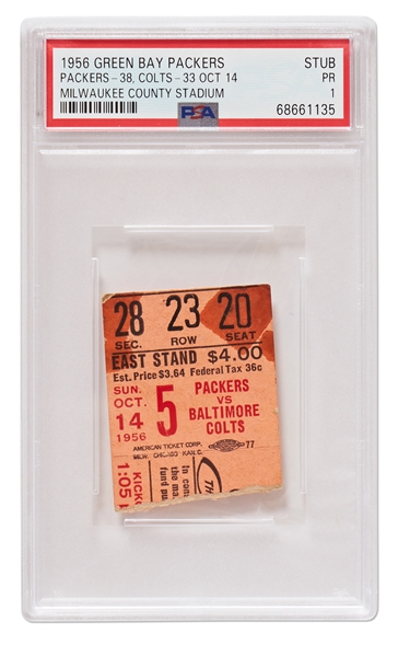 Baltimore Colts Ticket from 1956, the 3rd Game of Johnny Unitas' First NFL Season -- Encapsulated by PSA