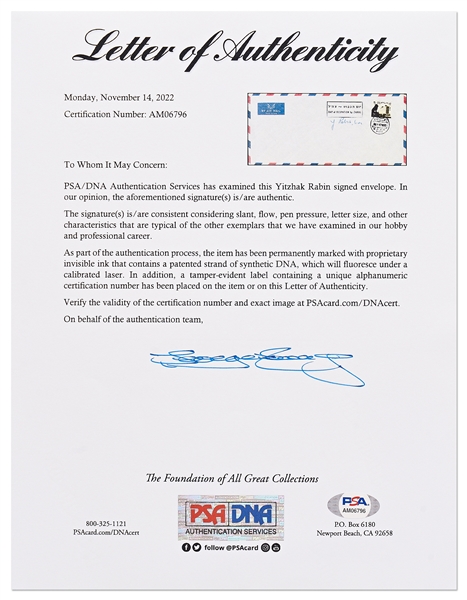 Yitzhak Rabin Signed Envelope from the UNRWA, the United Nations Agency Providing Relief to Palestinian Refugees -- With PSA/DNA COA