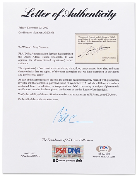 Ansel Adams Signed Copy of His Quintessential Oversized Photography Book, ''Yosemite and the Range of Light'' -- With PSA/DNA COA