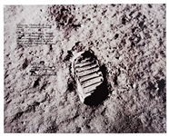 Charlie Duke Signed 20'' x 16'' Photo of the Famous Apollo 11 ''Footprint'' -- Duke Served as Apollo 11 CAPCOM and Describes the Moment When the Eagle Touched Down on the Moon