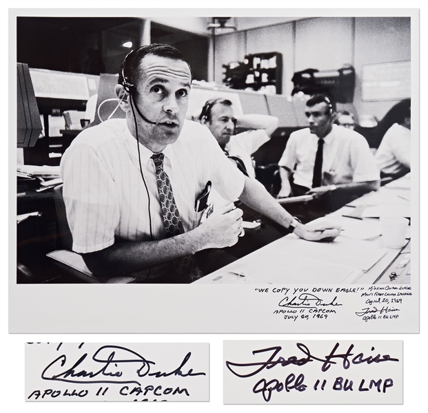 Charlie Duke and Fred Haise Signed 20'' x 16'' Photo of the Apollo 11 Mission Control -- Duke, the CAPCOM for Apollo 11, Writes ''WE COPY YOU DOWN EAGLE!''