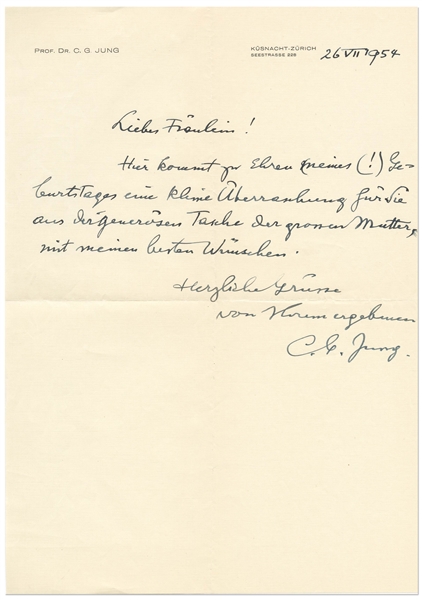 Carl Jung Autograph Note Signed -- …In honor of my (!) birthday, here is a small surprise for you from the munificent purse of the Great Mother…
