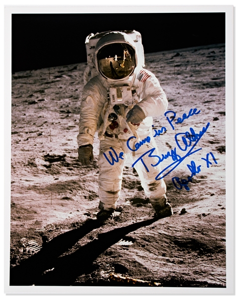 Buzz Aldrin Signed 8 x 10 Lunar Photo -- We Come in Peace