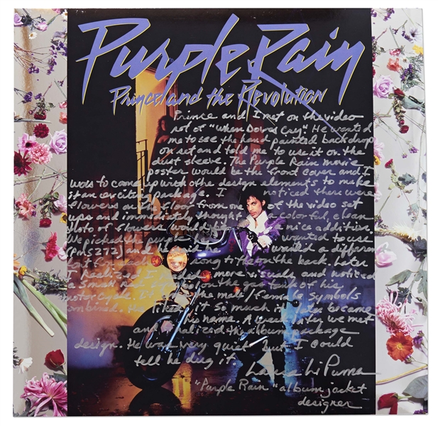 Purple Rain Designer Laura LiPuma Signed Album Cover with Handwritten Details on Its Iconic Design -- …We picked the purple he wanted to use (PMS 272)…