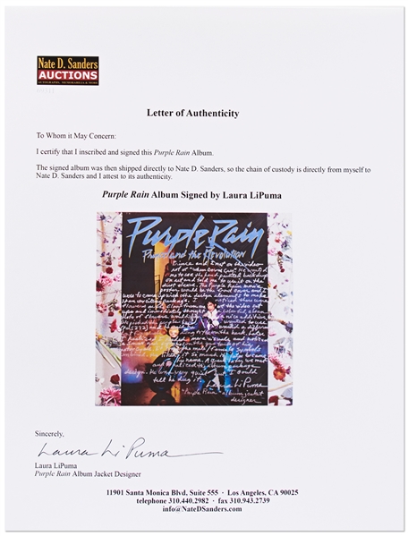 Purple Rain Designer Laura LiPuma Signed Album Cover with Handwritten Details on Its Iconic Design -- …We picked the purple he wanted to use (PMS 272)…