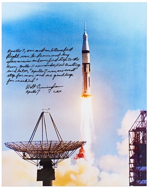 Walter Cunningham Signed 16 x 20 Photo of the Apollo 7 Liftoff -- …our first step to the Moon…