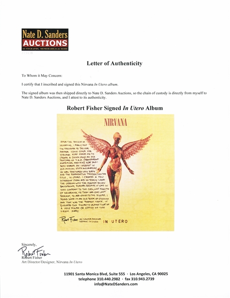 Nirvana's In Utero LP Record Album, with a Signed Description by Art Director Robert Fisher Regarding the Famous Cover Artwork