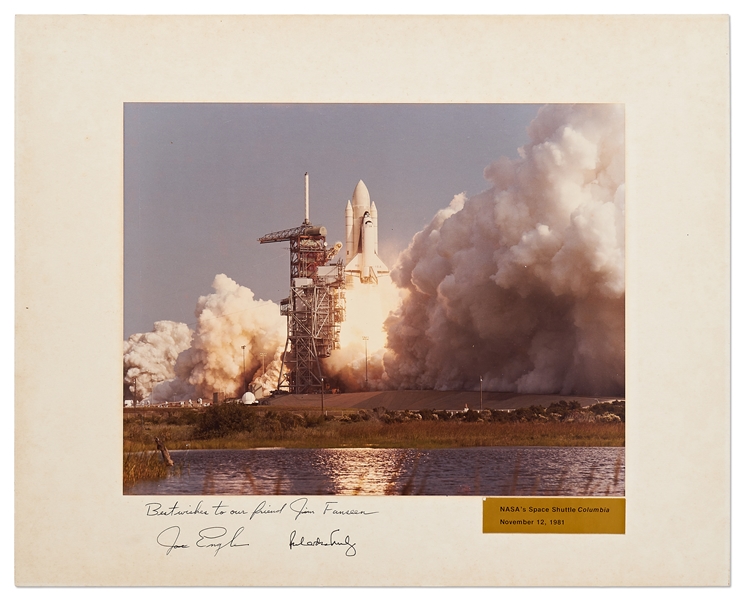 Large Format Photograph of the Space Shuttle Columbia STS-2 Launch -- Signed by Crew on Presentation Mat