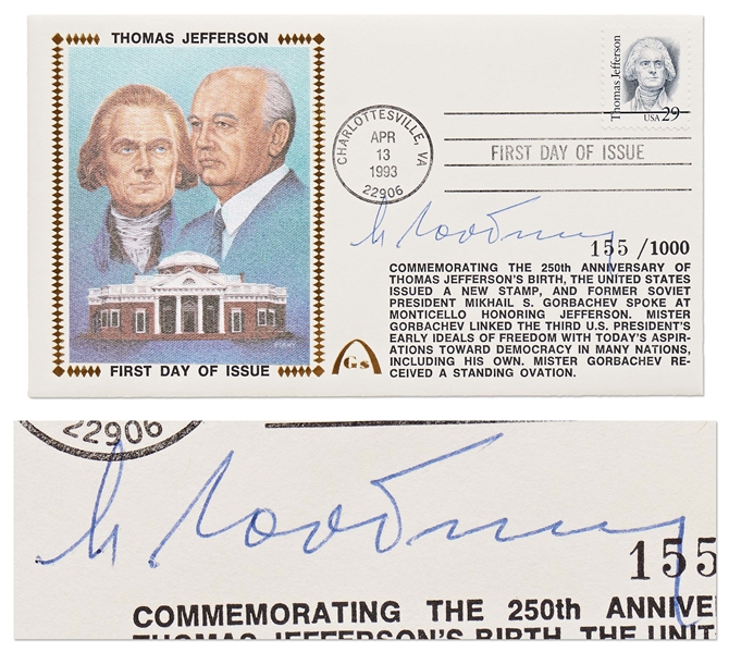 Mikhail Gorbachev Signed Limited Edition First Day Gateway Cachet Honoring Thomas Jefferson & Democracy -- With PSA & JSA COAs