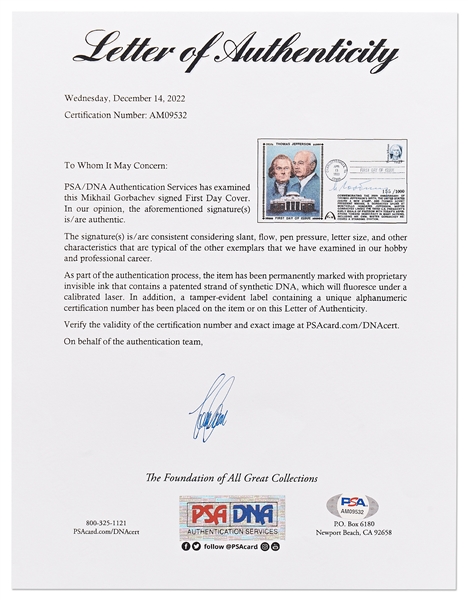 Mikhail Gorbachev Signed Limited Edition First Day Gateway Cachet Honoring Thomas Jefferson & Democracy -- With PSA & JSA COAs