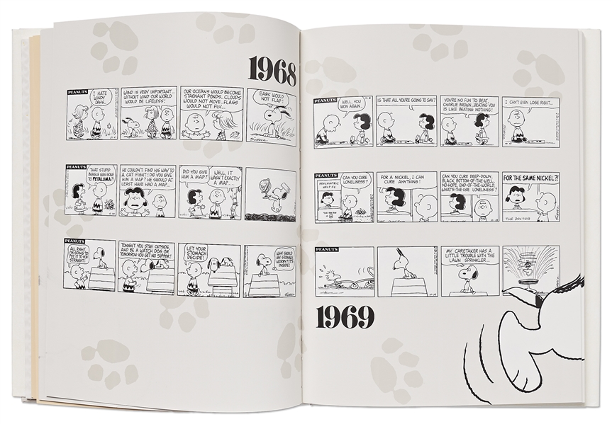 Charles Schulz Signed Snoopy Sketch, Drawn Within a First Edition of the Large Coffee Table Book ''40 Years Life and Art''