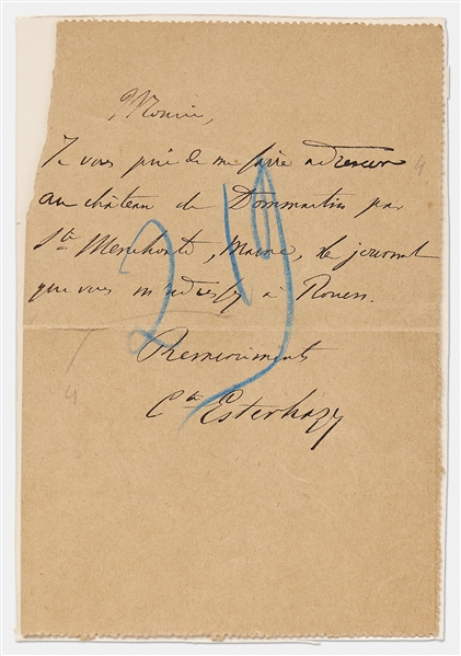 Ferdinand Walsin Esterhazy Autograph Letter Signed -- Esterhazy Was the Real Spy in the Dreyfus Affair