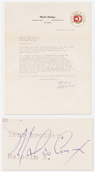 Malcolm X Letter Signed from December 1963 After His JFK ''Roost'' Remarks -- ''I am still the Minister of Muhammad's Mosque but my speaking and public appearances have been curtailed 'suspended'''