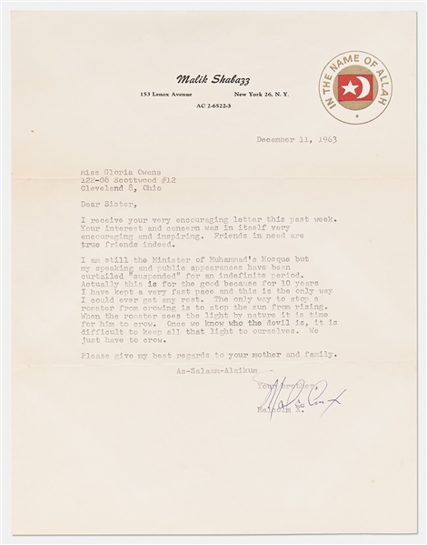 Malcolm X Letter Signed from December 1963 After His JFK ''Roost'' Remarks -- ''I am still the Minister of Muhammad's Mosque but my speaking and public appearances have been curtailed 'suspended'''