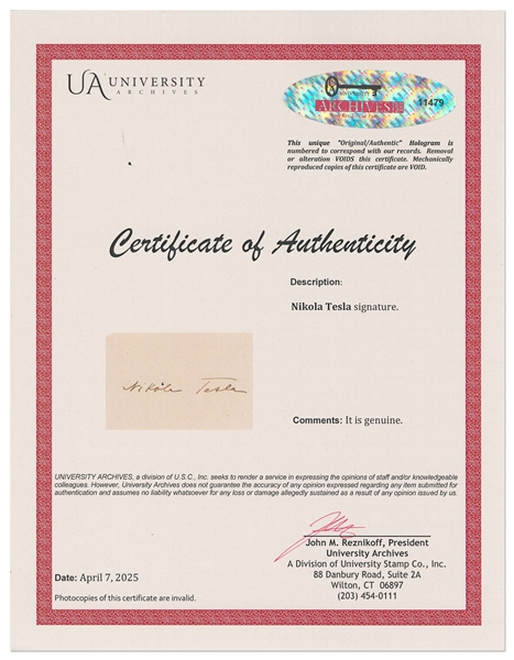 Very Rare Signature of Nikola Tesla -- With University Archives COA