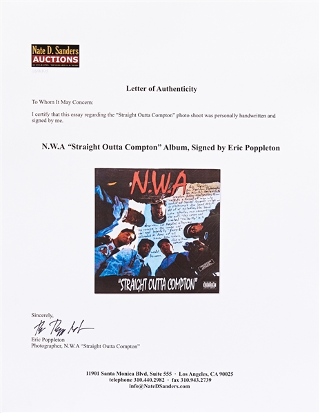 ''Straight Outta Compton'' LP Record Album Signed by the Photographer of the Iconic Photo, with Story About How It Came to Be