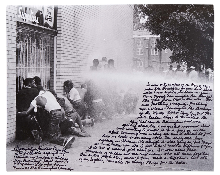Incredible 20'' x 16'' Photo Essay Handwritten & Signed by Gwendolyn Sanders, Who Led the 1963 Student Protest in Birmingham, Alabama -- ''...Birmingham firemen used these water hoses against us...''