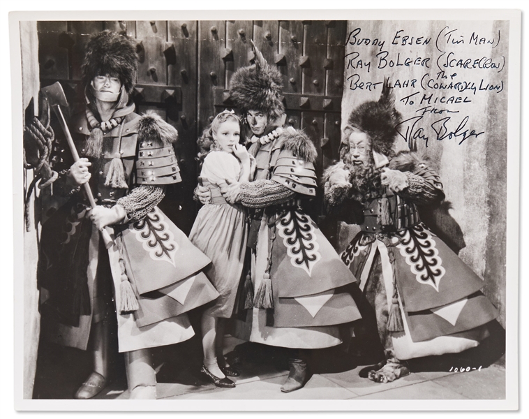 Ray Bolger Signed 8'' x 10'' Photo as the Scarecrow in ''The Wizard of Oz'' -- Bolger Handwrites the Names of All the Characters, Including Buddy Ebsen, the First Tin Man! -- With PSA/DNA COA