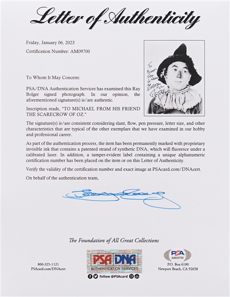 Ray Bolger Signed 8'' x 10'' Photo as the Scarecrow in ''The Wizard of Oz'' -- With PSA/DNA COA