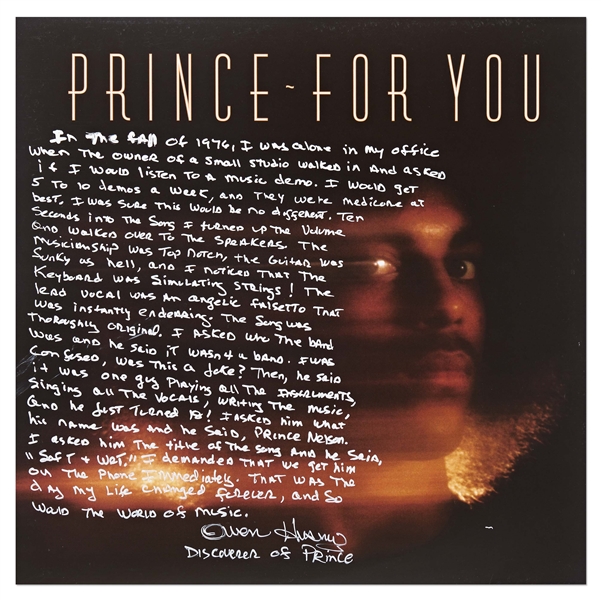 Prince's First Album ''For You'' with Handwritten Recollection by Owen Husney, the Man Who Discovered Prince -- ''...The musicianship was top notch, the guitar was funky as hell...''