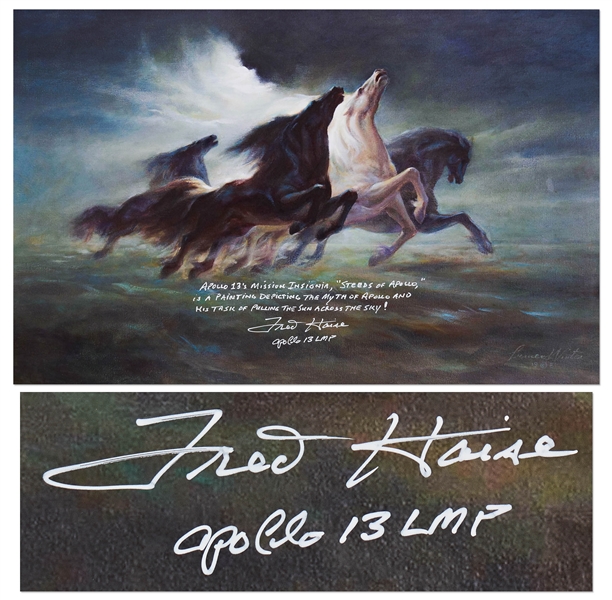 Fred Haise Signed 20'' x 12.75'' Photo of ''Steeds of Apollo'', the Stunning Painting that Inspired the Apollo 13 Mission Insignia