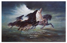 Fred Haise Signed 20'' x 12.75'' Photo of ''Steeds of Apollo'', the Stunning Painting that Inspired the Apollo 13 Mission Insignia